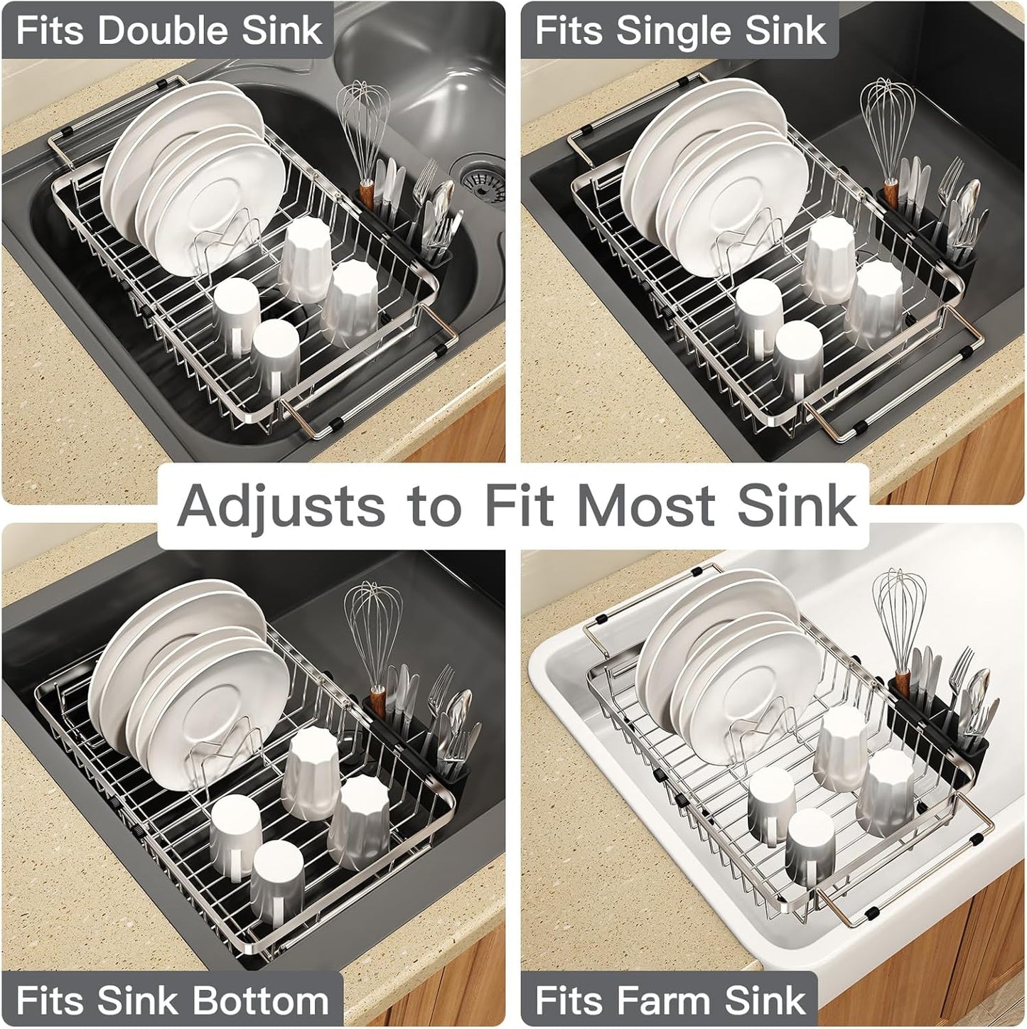 MAJALiS Expandable Stainless Steel Over The Sink Dish Drying Rack for Small Kitchen, Counter Space Saving, Hanging Compact RV Plate Drain Strainer in Silver Wire Metal with Adjustable Utensil Holder
