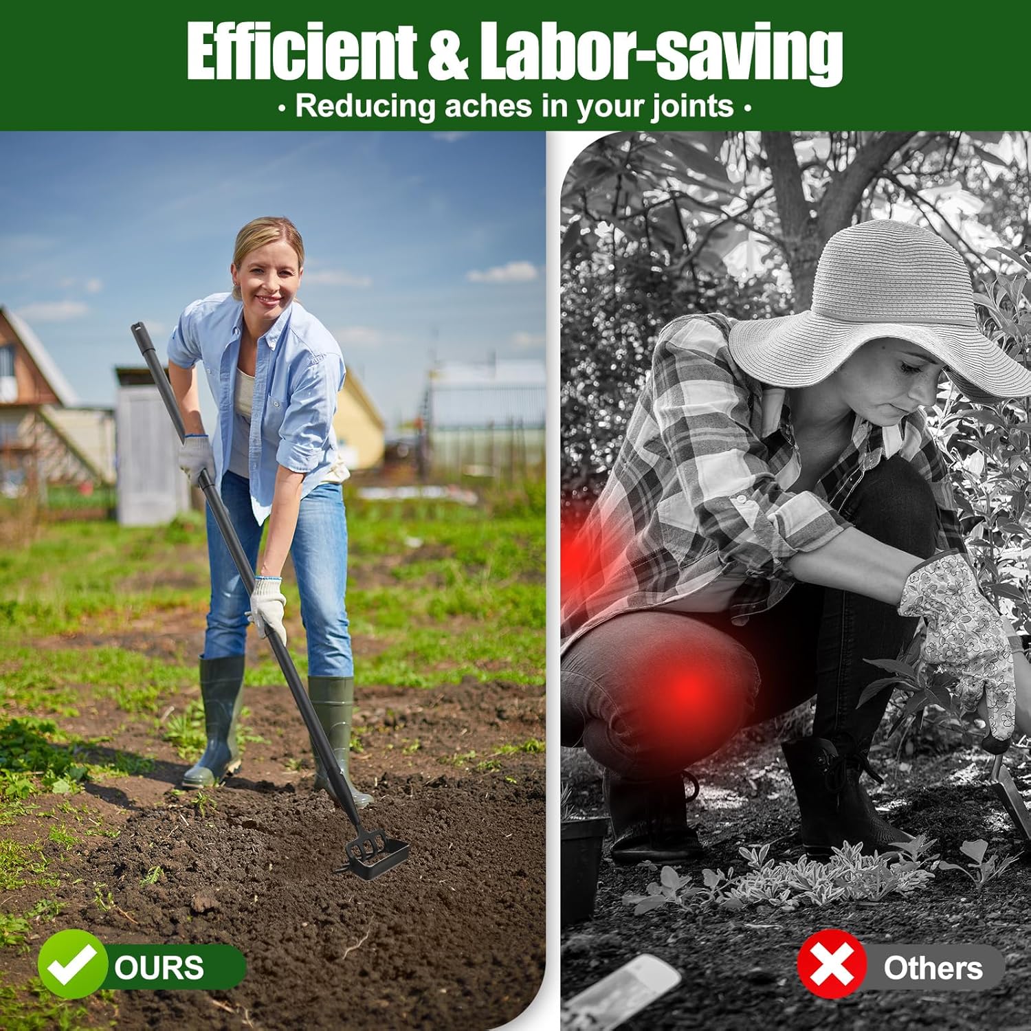 2-in-1 Garden Hoe Tool, Adjustable Length from 37 to 60inch, Ergonomic