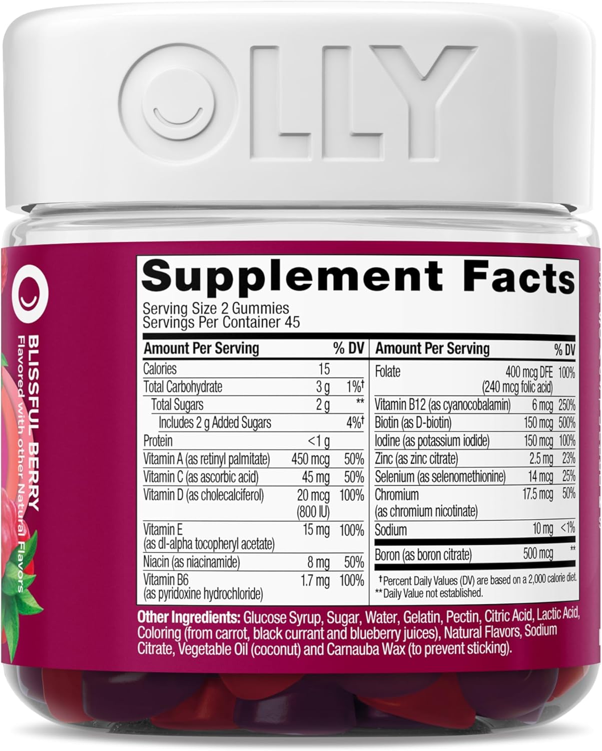 OLLY Women's Multivitamin Gummy, Vitamins A, D, C, E, Biotin, Folic Ac