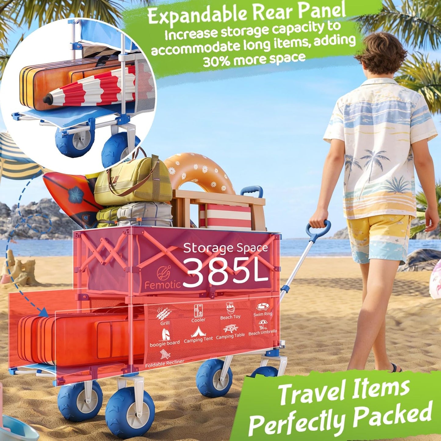 Beach Wagon with Big Wheels for Sand,Heavy Duty Double Decker Wagon with Extender,385L Extra Large Foldable Wagon Cart with 9" All Terrain Inflatable Tires,for Beach Camping Garden and Sports, Blue