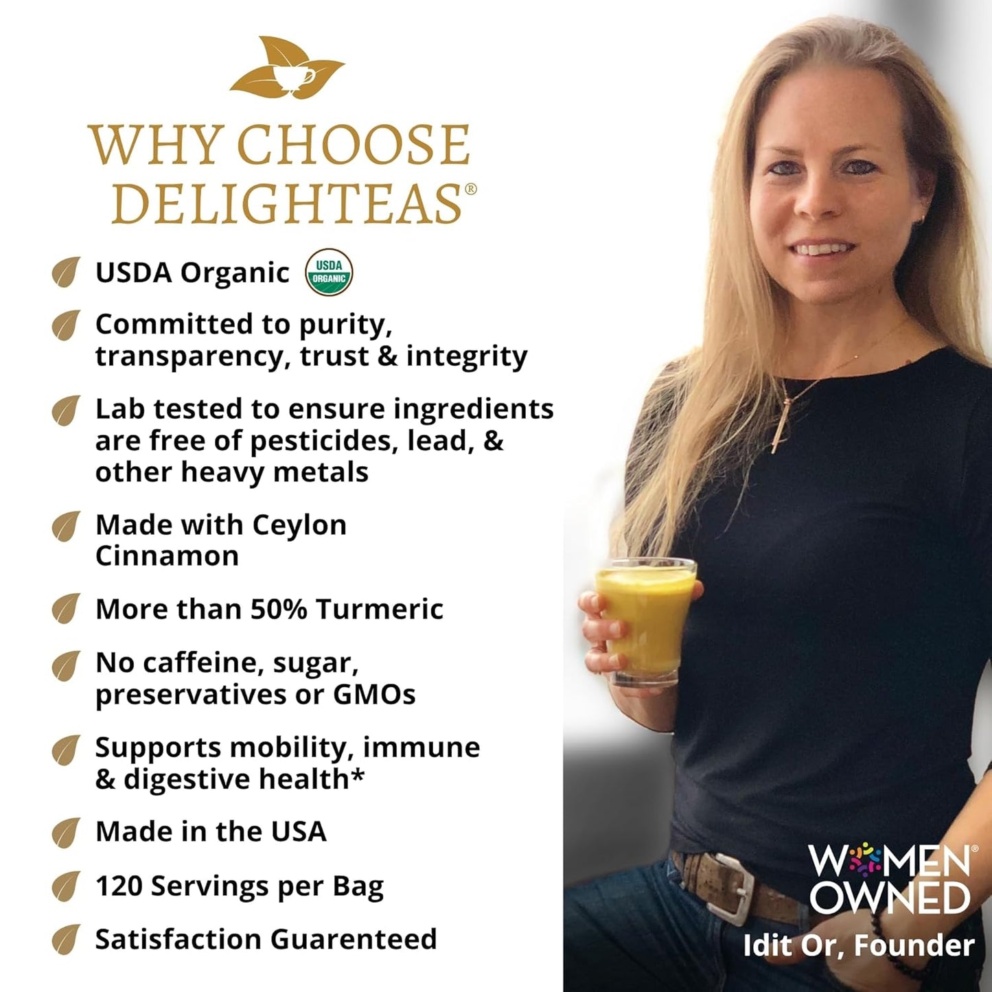 DelighTeas Organic Golden Milk Powder with Turmeric, Ginger, Ceylon Cinnamon | Ayurvedic Spices for Golden Turmeric Latte | Unsweetened, Vegan, Non-GMO, Keto | 120 Servings, 5 oz.