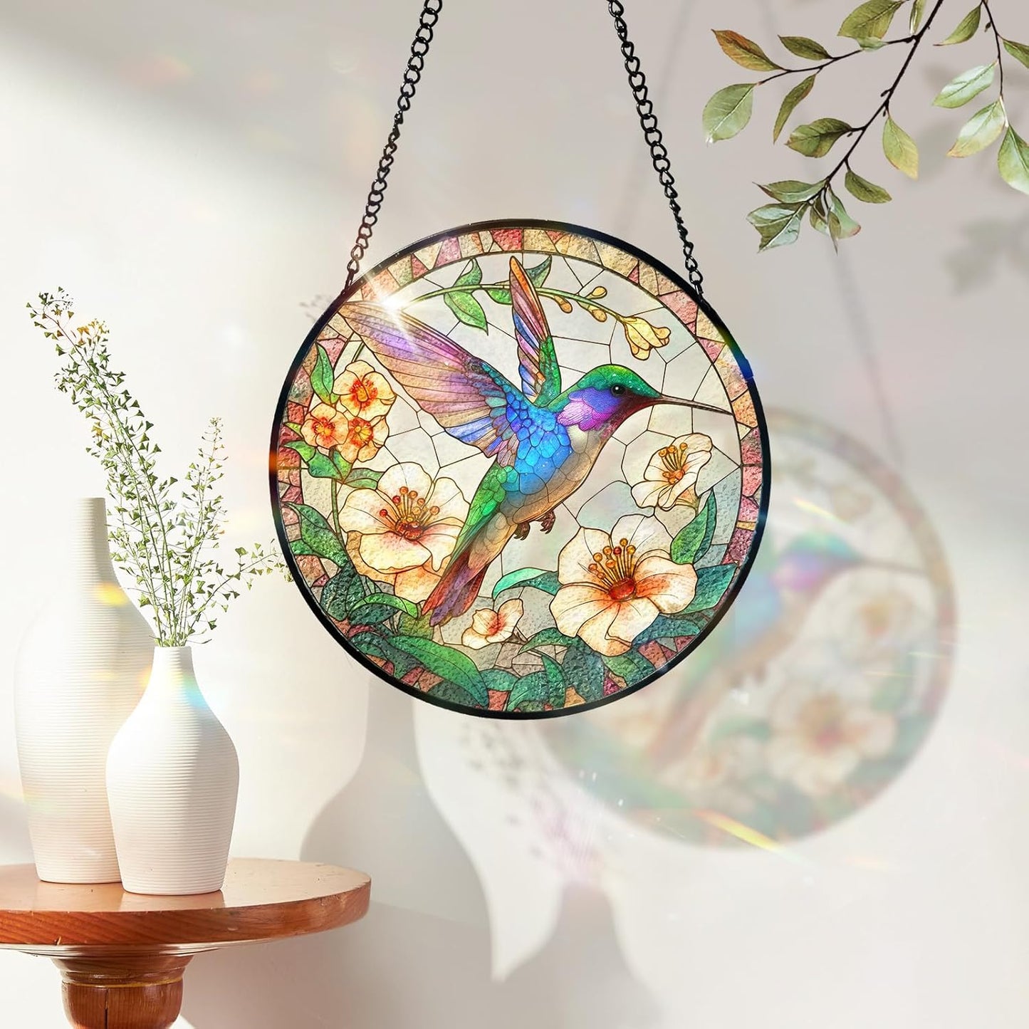 7.8 Inch Stained Glass Window Hanging Hummingbird Flower Sun Catcher Indoor Window Door Wall Yard Home Decor Bird Ornament Colorful Glass Panel Suncatcher Gifts for Women Men Mom Grandma Bird Lovers