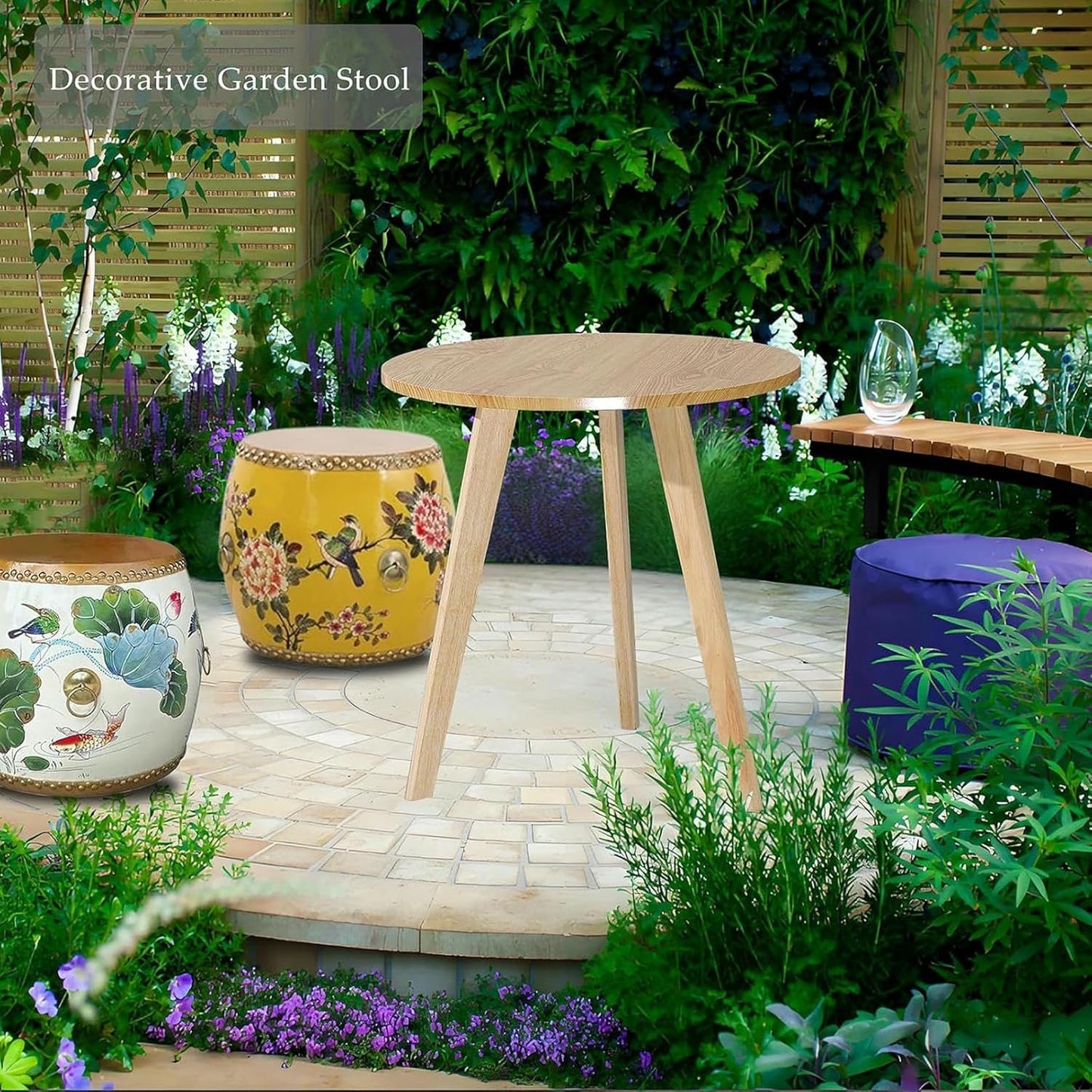 Wood Chinese Drum Stool,Decorative Ceramic Garden Stool Glazed Hand-Painted,Outdoor Side Table,Plant Stand for Living Room, Balcony & Garden