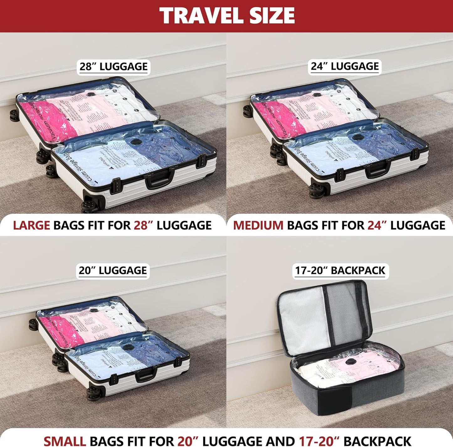 Vacuum Bags for Travel with Rechargeable Pump, 12 Combo (4L/4M/4S) Compression Packing Seal Bags for Luggage Suitcase, Space Saver for Clothing and Clothes Storage Travel