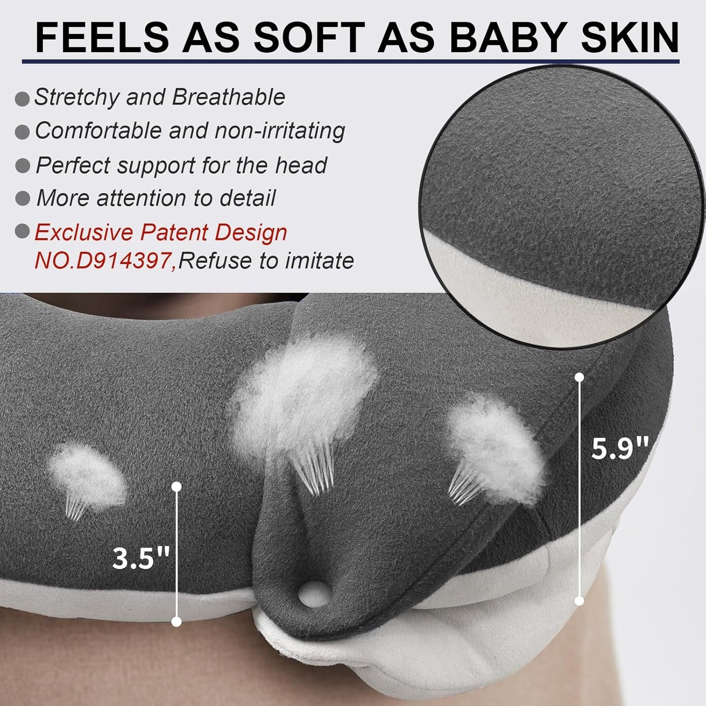 BUYUE Travel Neck Pillows for Airplanes, 360° Head Support Sleep for Long Flight, Skin-Friendly & Breathable, Kit with 3D Contoured Eye Mask, Earplugs and Storage Bag (Adult, Grey, 90+ lbs)