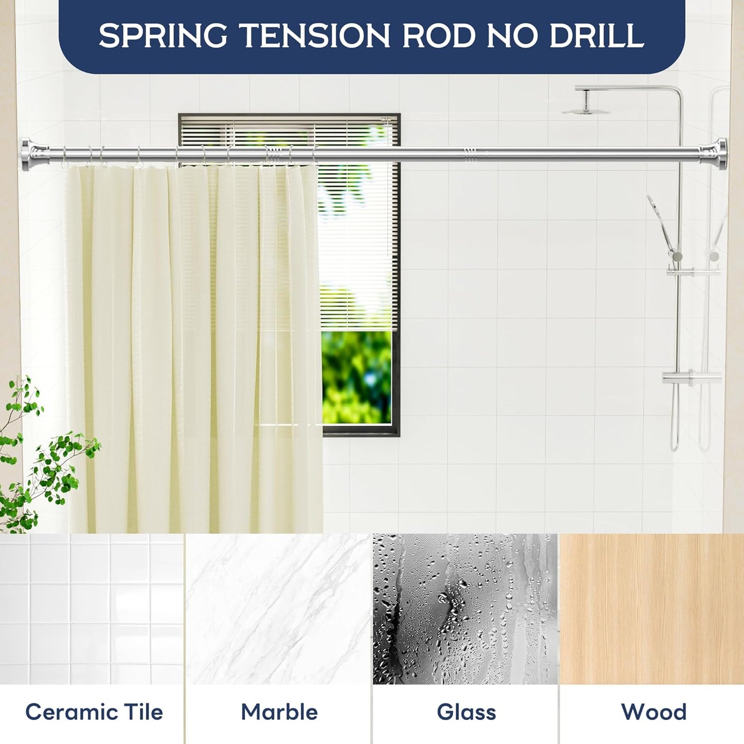 Shower Curtain Rod, 31-80 Inches Adjustable Tension Rod, 1-Inch Diameter Heavy Duty Rustproof Stainless Steel, No-Drill Spring Rod for Bathroom, Kitchen and Closet, Silver