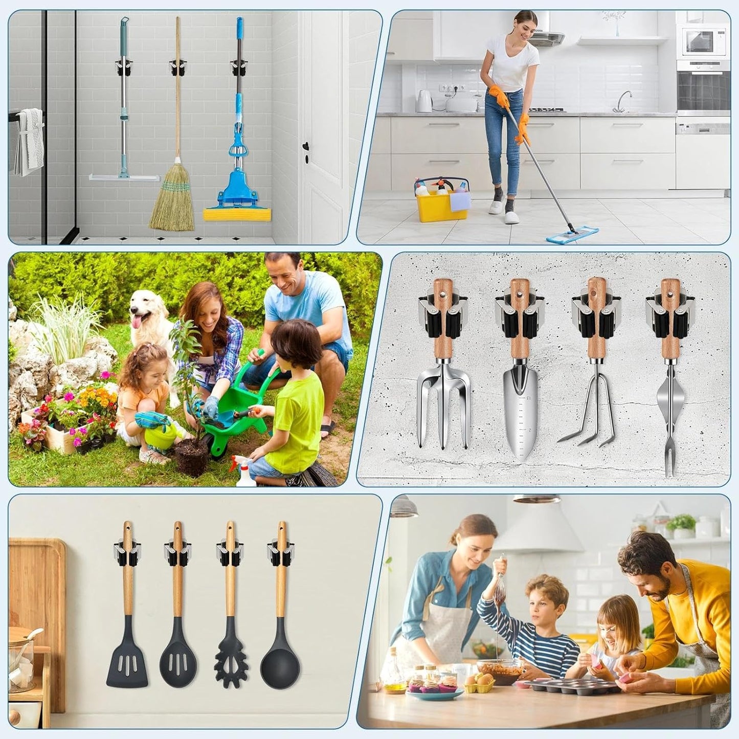 8 Pack Mop and Broom Holder Wall Mount, Heavy Duty Broom and Mop Organizer Wall Hanging Command Broom Holder with Screws, Mop Hanger for Kitchen Laundry Garden Tool Organizer