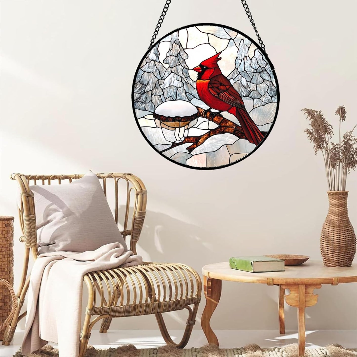 Stained Glass Window Hanging Cardinal Gifts 7.8" - Red Bird Suncatcher Door Garden Sunroom Sun Catcher Home Decor Birthday Christmas for Birds Lover Mom Men Woman Nana Dad