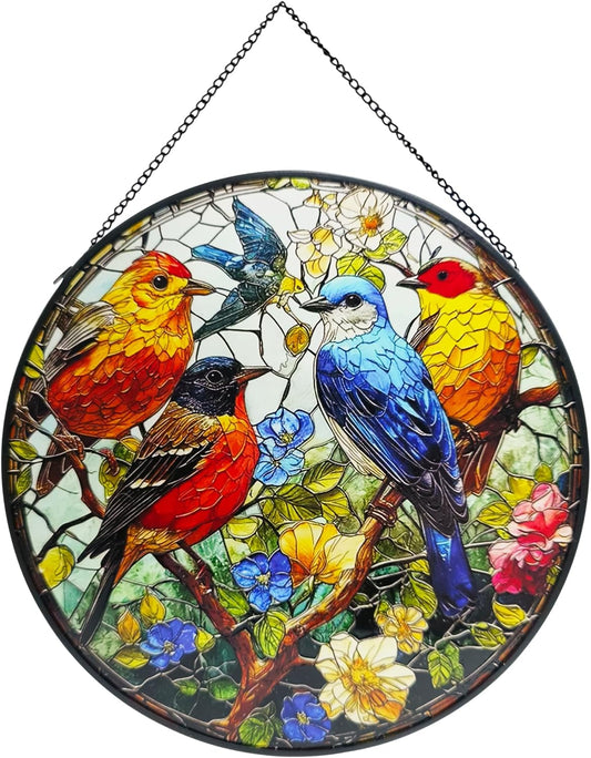 Birds on a Branch Stained Suncatcher for Windows Hanging, 7.8'' Animal Flower Scenery Stained Glass Window Hanging Home Garden Decor, Hand-Painted Glass Gifts for Birds Lovers, Mom