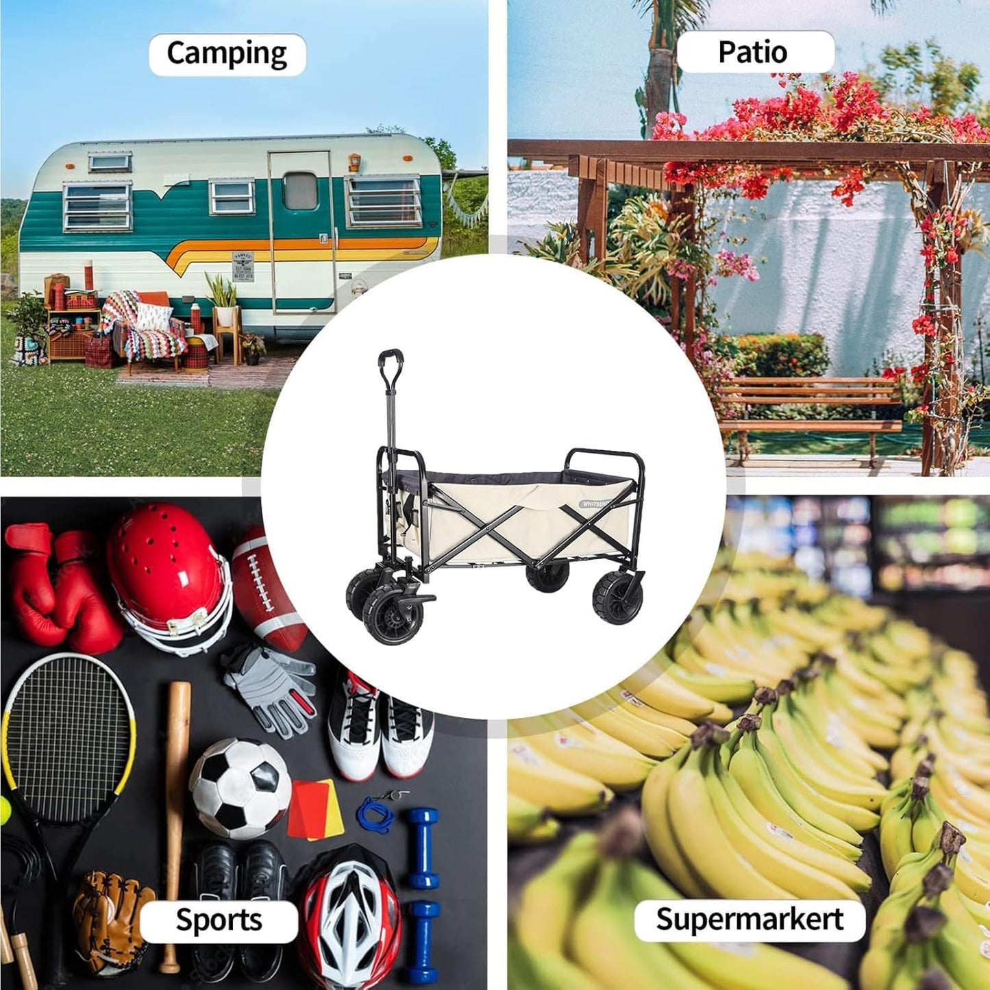 Collapsible Folding Wagon with Canopy - Portable Garden Cart, Off-Road Wheels, 220lbs Capacity, Ideal for Beach, Camping, Grocery, Sports - Beige Utility Trailer