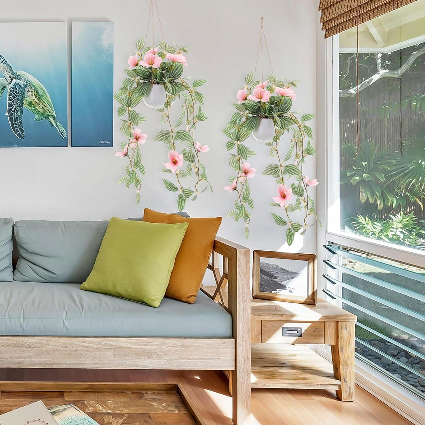 2 Packs Fake Hanging Plants Artificial Decor Small Hanging Plant Pot with Artificial Vines and Pink Flower Greenery Decoration Living Room Wall Home Wall Shelf Indoor Outdoor