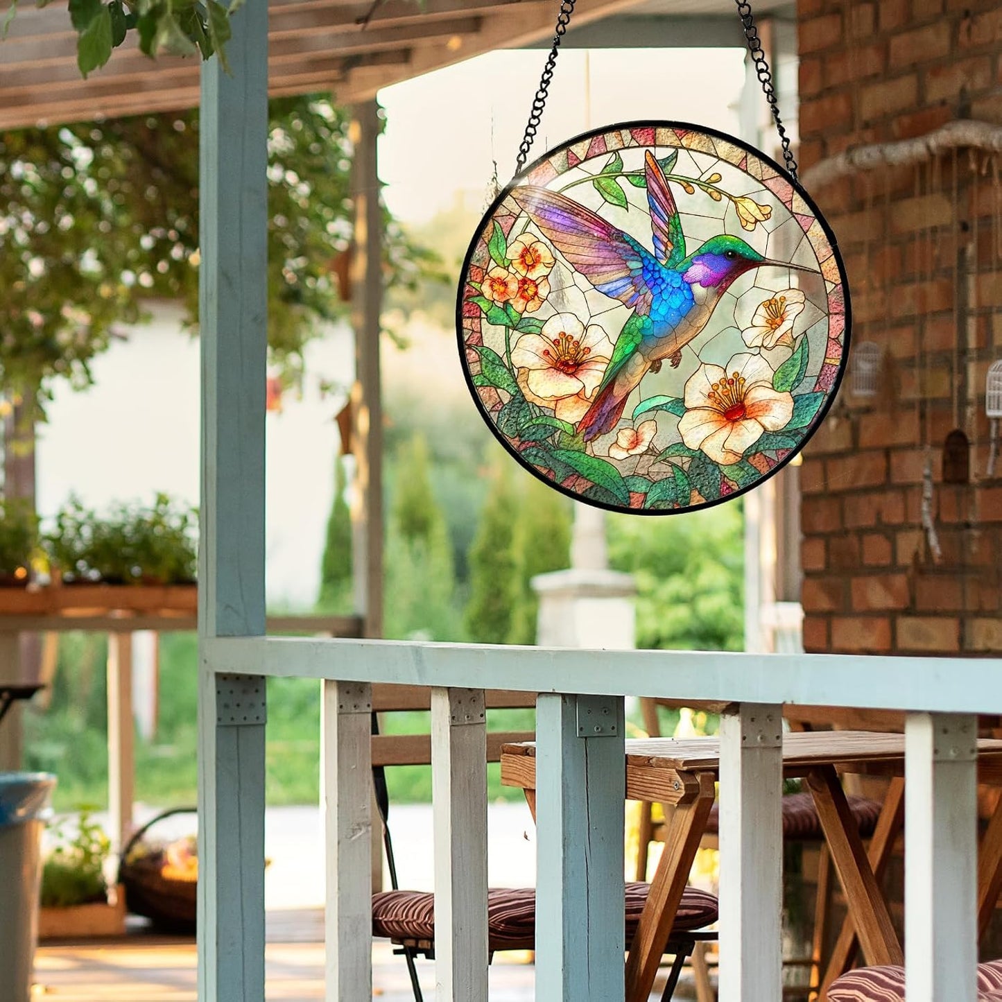 7.8 Inch Stained Glass Window Hanging Hummingbird Flower Sun Catcher Indoor Window Door Wall Yard Home Decor Bird Ornament Colorful Glass Panel Suncatcher Gifts for Women Men Mom Grandma Bird Lovers