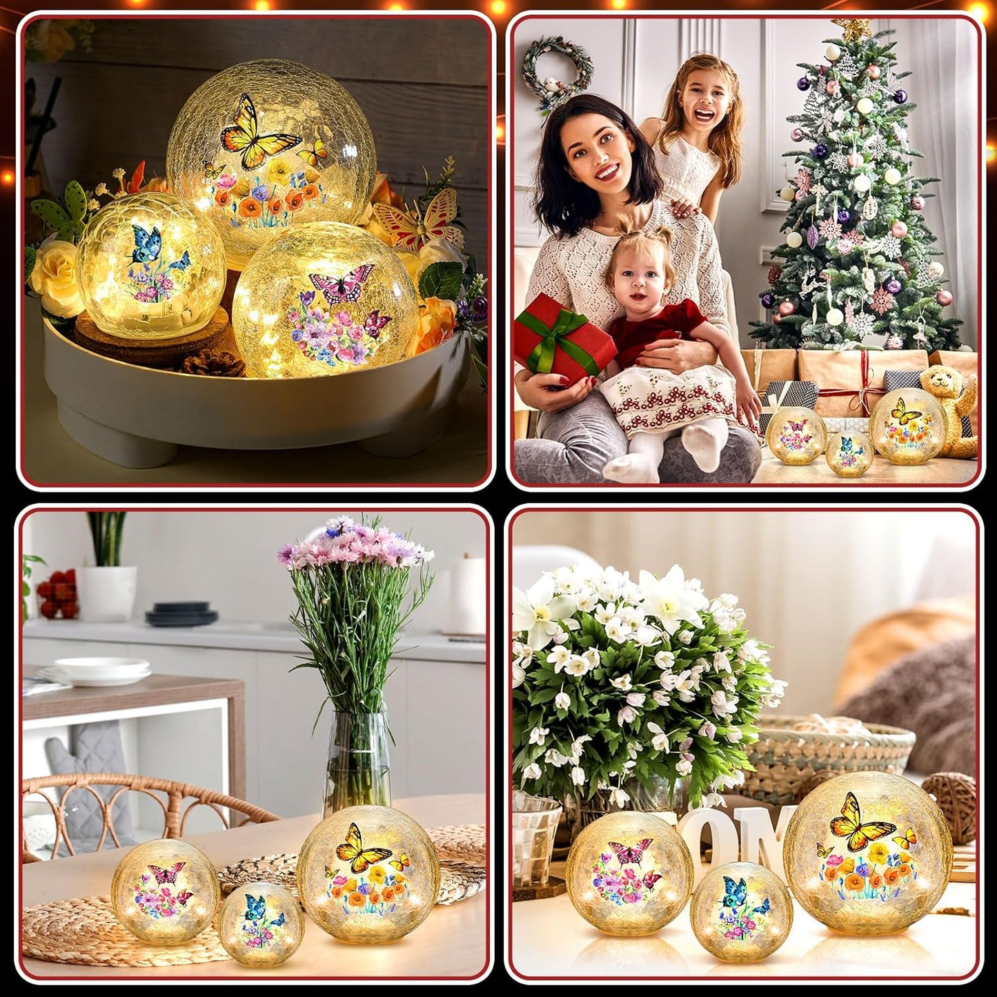 3pcs Spring Crackle Glass Ball Lights - Butterfly Ball Lamp Ornaments 