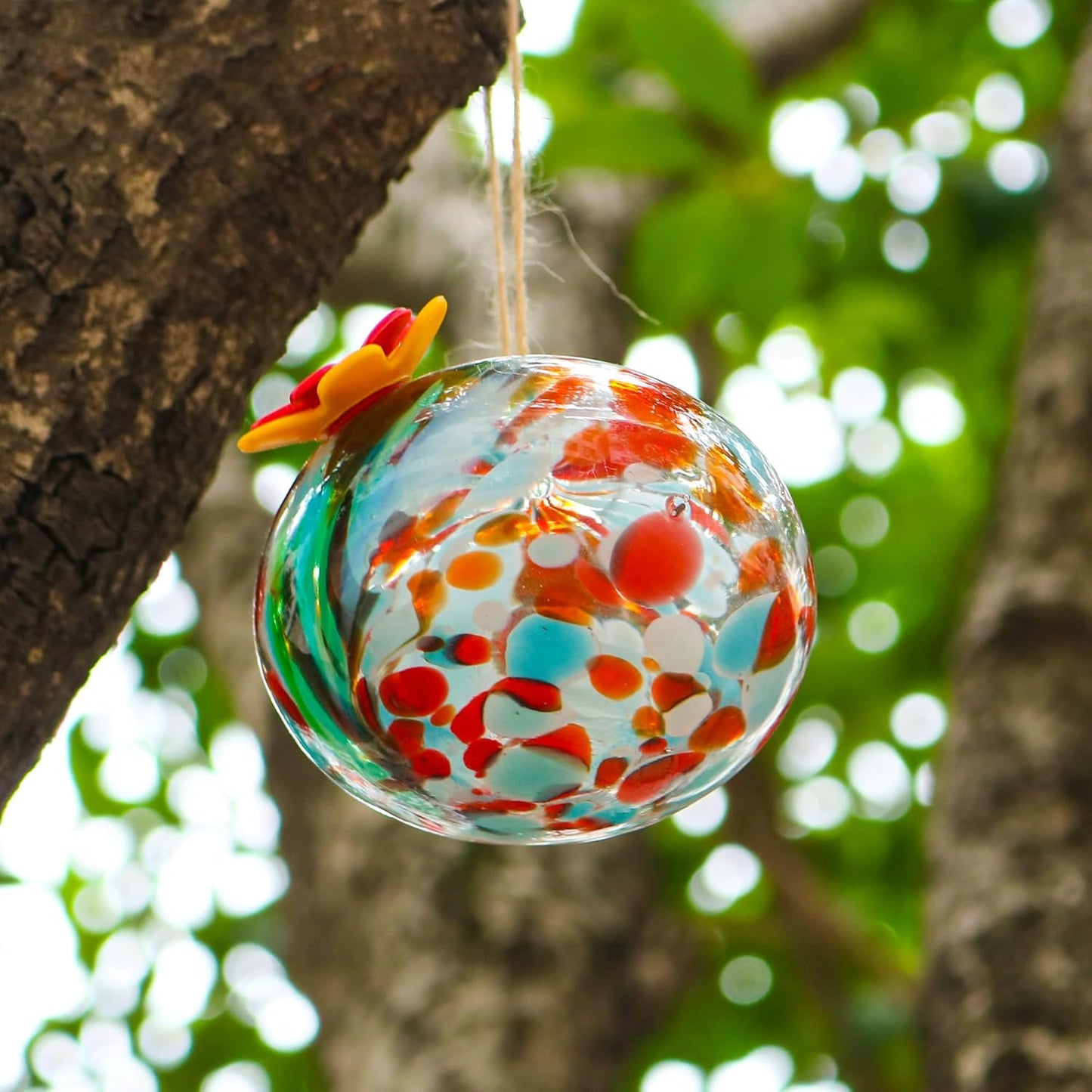 2 Pcs Blown Glass Hummingbird Feeder for Outdoors Hanging, Ant & Bee Resistant Window Bird FeederHandmade Garden Decor Gift for Women - Small Round Glass Feeders Bundle (Ellipse A2)