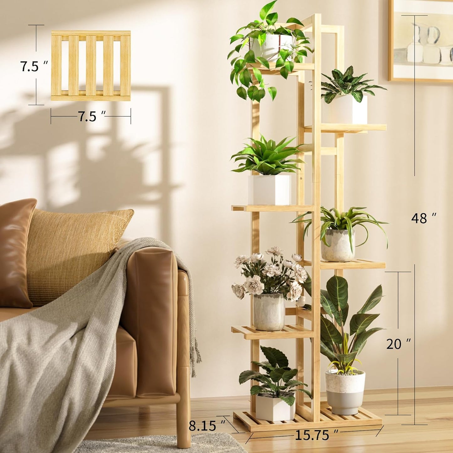 6 Tier Bamboo Plant Stand Indoor, Wood Tall Flower Holder Corner Tiere