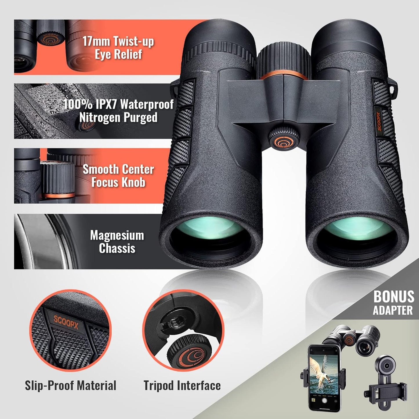 10x42 Ultra HD Binoculars with Phone Adapter and Harness - 24mm Large View Eyepiece, Edge-to-Edge Sharpness, 6.5° Wide Angle Field of View - Lightweight Waterproof Binoculars for Bird Watching Huntin1