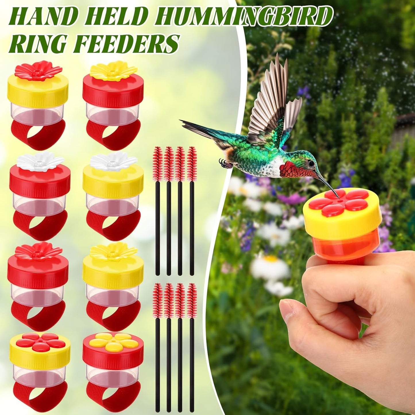 Tioncy Hand Held Hummingbird Ring Feeders, 8 Pcs Mini Hummingbird Hand Feeder with 8pcs Cleaning Brush, Wild Bird Feeders Tools for Outdoors Supplies