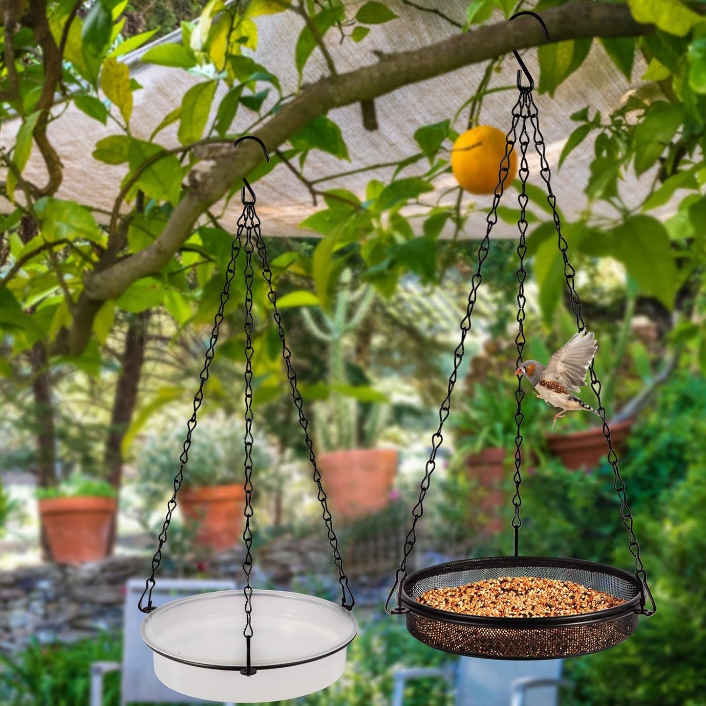 2-in-1 Set Hanging Bird Feeder and Bath for Outdoor, Small Metal Tray Perfect for Attracting Bird