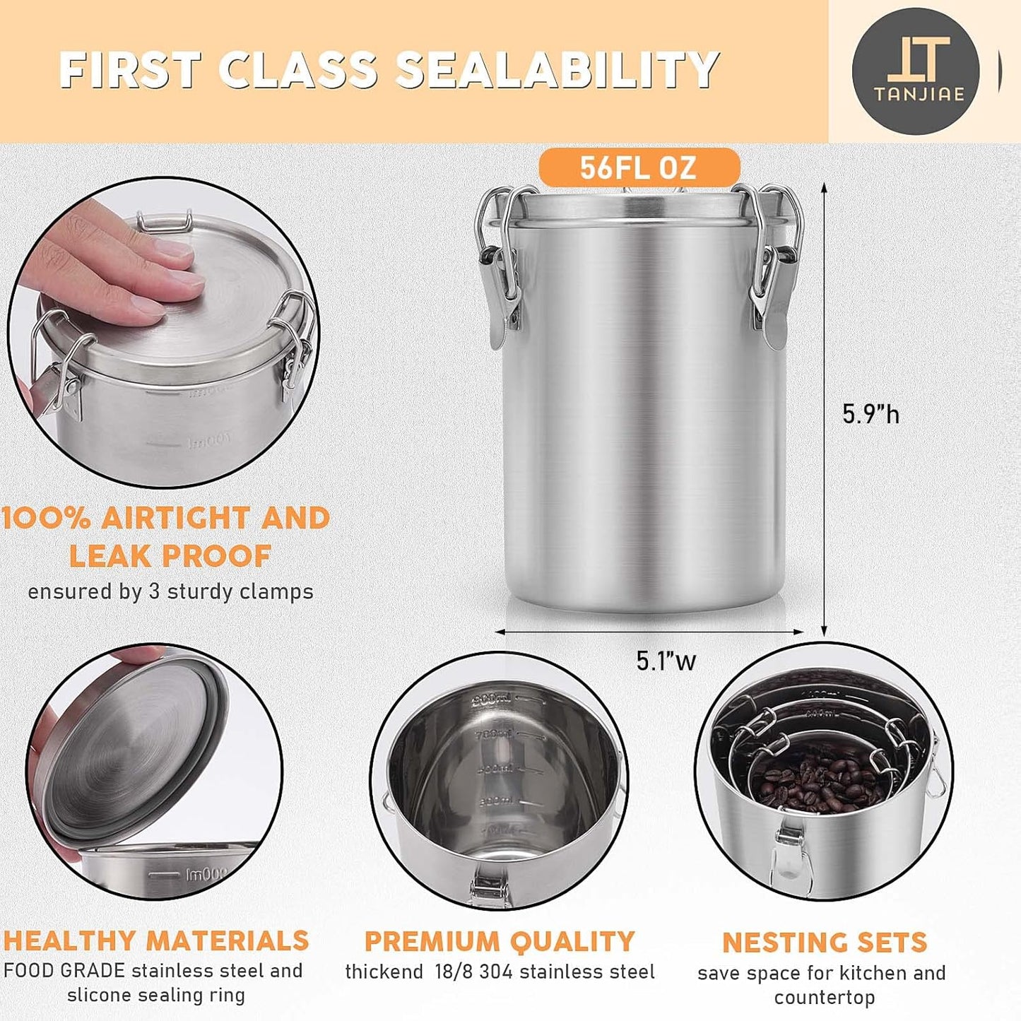 Stainless Steel Coffee Canister | 100% Airtight Metal Food Storage Container with Lid Sealed - Keep Coffee Beans, Sugar, Tea Fresh for Months (56 fl oz)