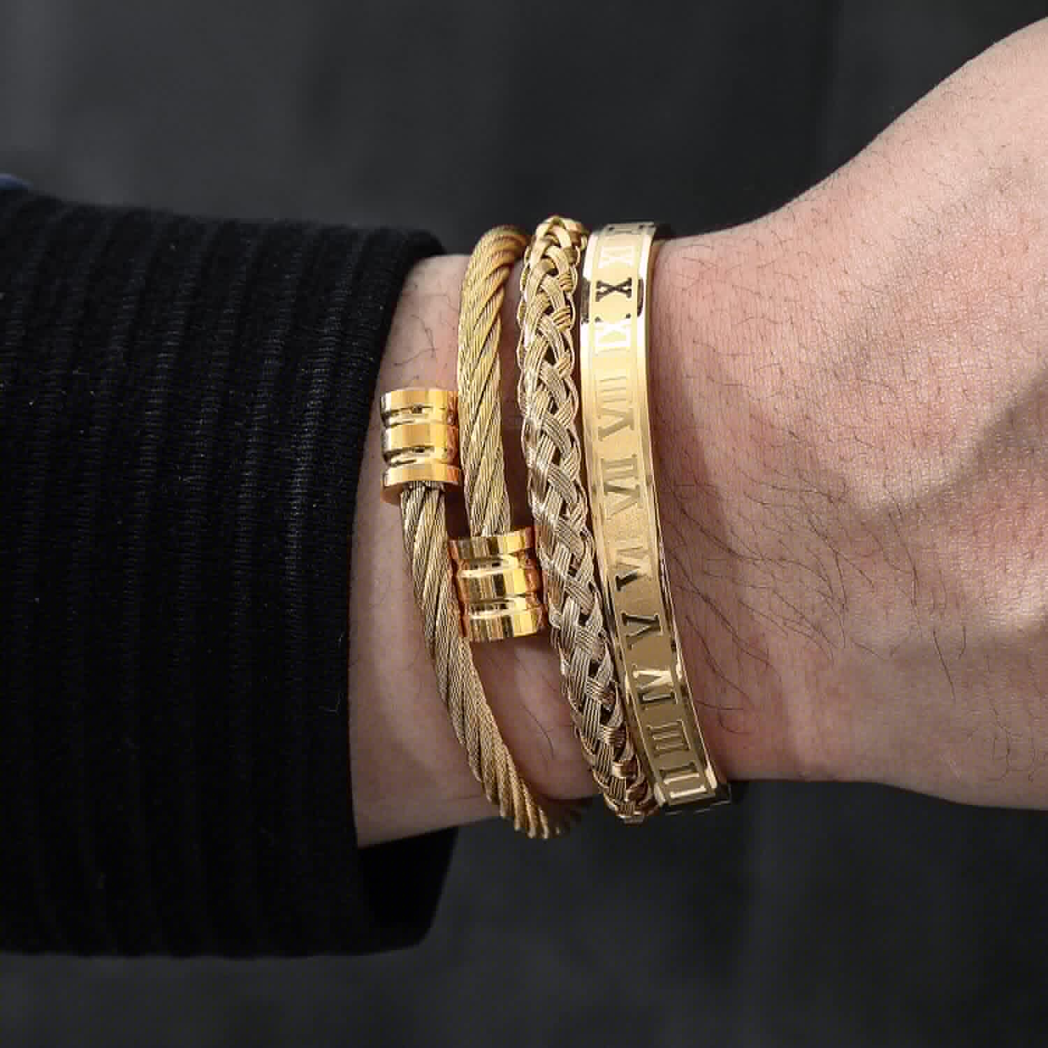 WFYOU 3PCS Stainless Steel Bracelets for Men Gold Roman Numeral Bangle