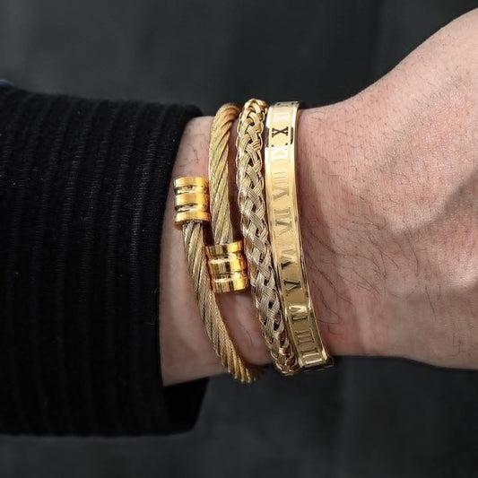 WFYOU 3PCS Stainless Steel Bracelets for Men Gold Roman Numeral Bangle