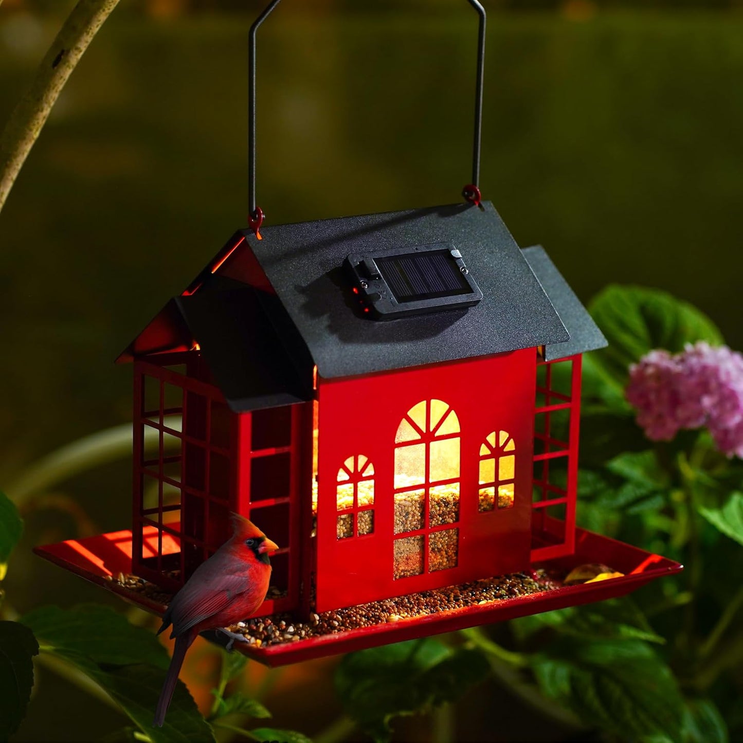 Solar Bird Feeder House for Outdoors Hanging, for Teens Women Grandma,Solar Metal Large Capacity Birdfeeders Hanging Outside,Cardinal Wild Large Bird Feeder with Suet Cages,Garden Decor