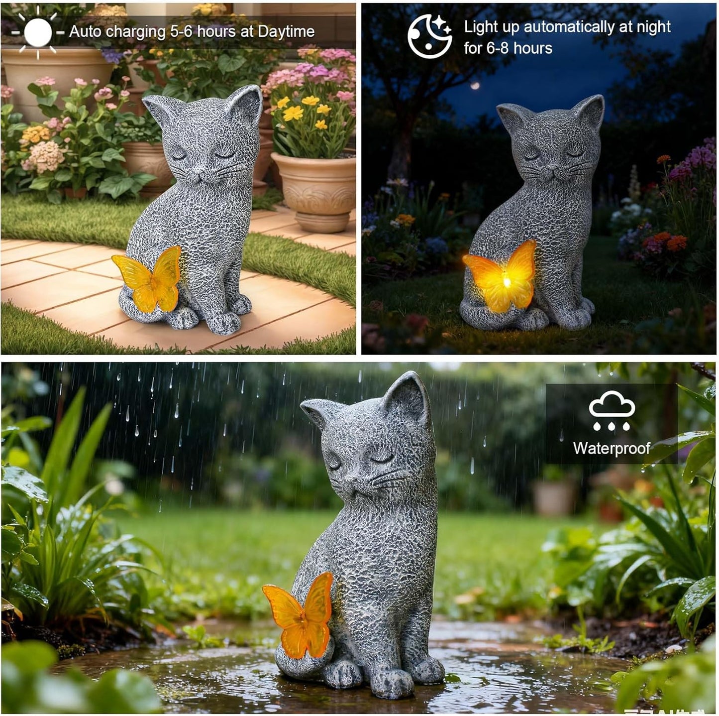 Solar Cat Garden Decor with Butterfly Light, Outdoor Decor Statues Yard Art Decorations Lawn Porch Patio Balcony, Gardening Gifts Birthday Choice for Cat Lover Women, Mom, Grandma