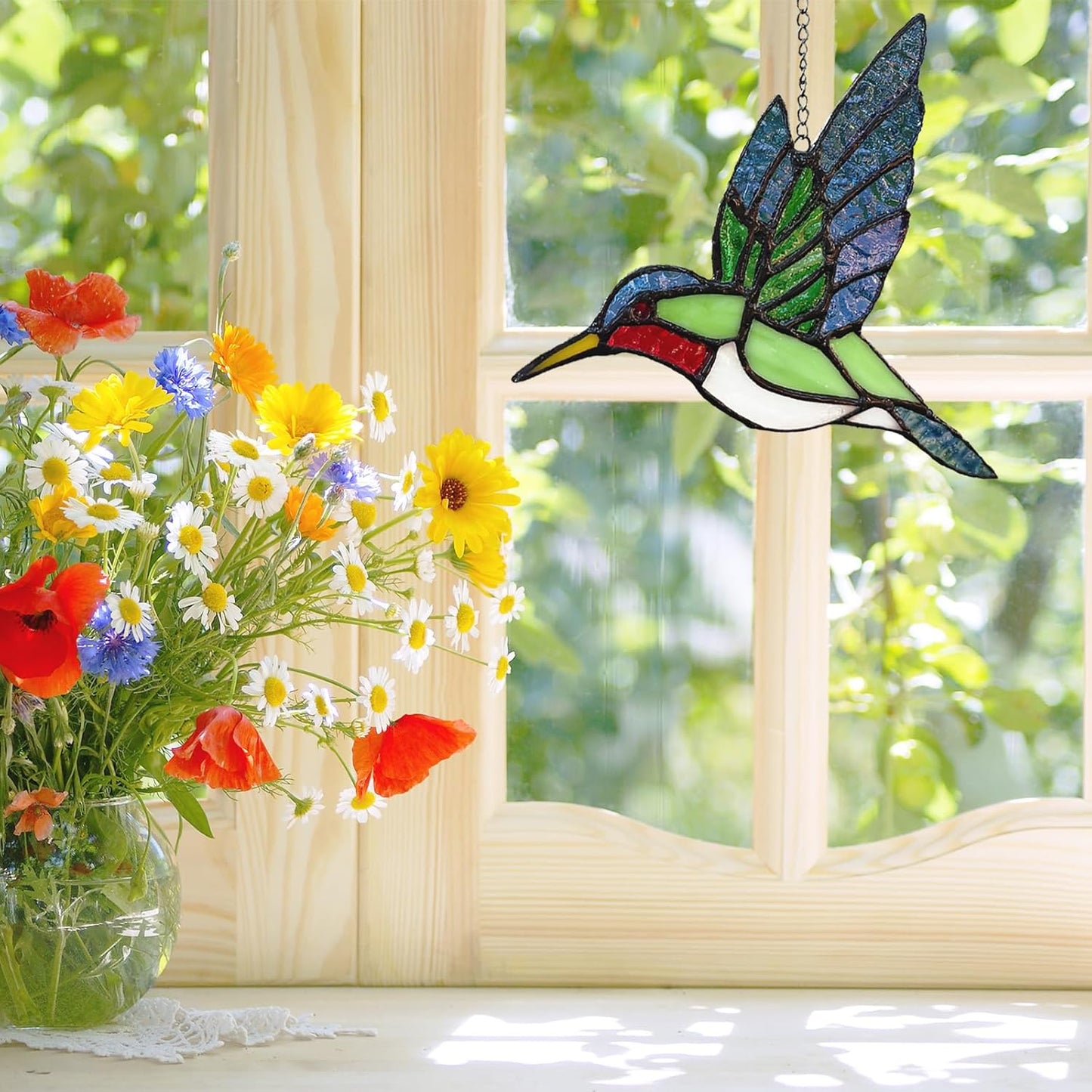 Hummingbird Stained Glass Suncatcher for Window Hanging Handmade Color