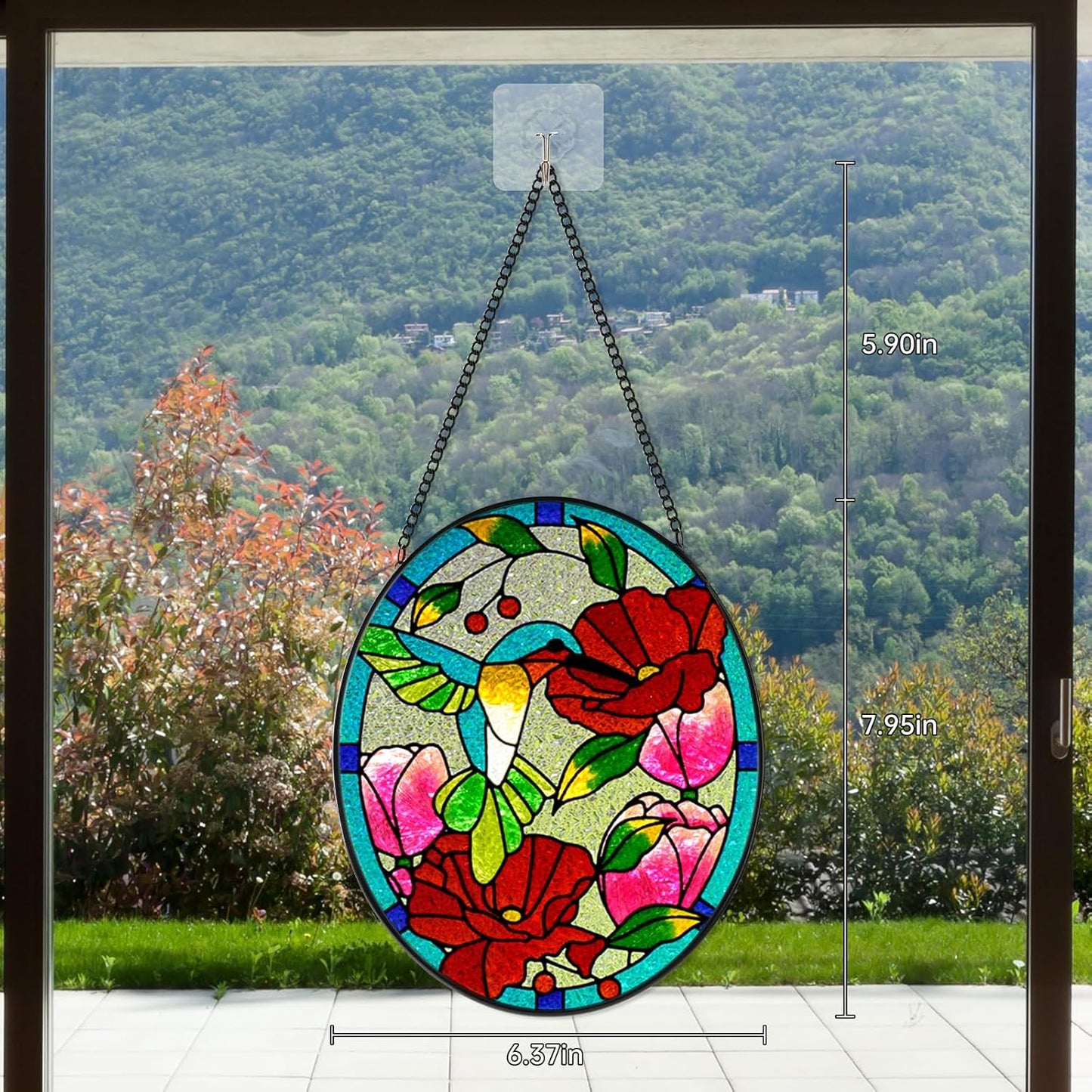 Stained Glass Window Hangings Decor Hand-Painted Pendant Suncatcher Panel with Chain (10x8 Hummingbird)
