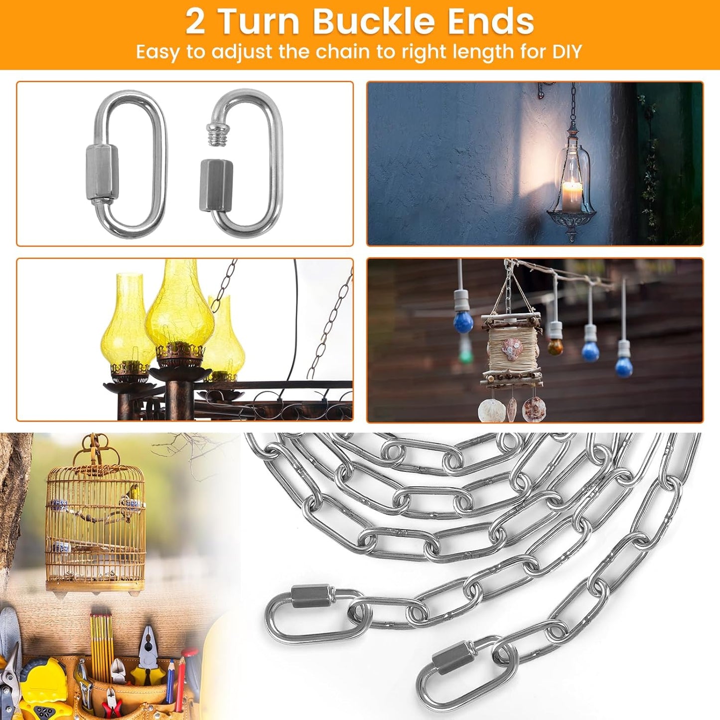 6 Feet Small Metal Chain with Hooks, 120 Pounds Light Weight Chain Lin