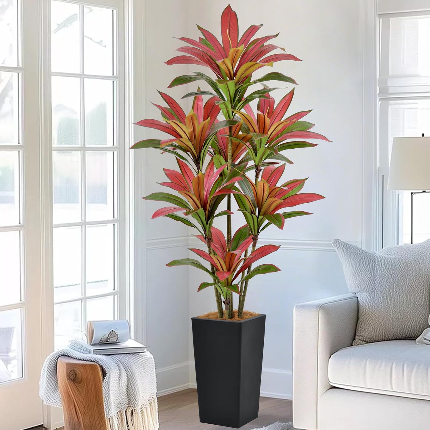 Artificial Red Dracaena Tree 6FT with 114 Leaves & 7 Heads & Black Tall Planter Cover with Coconut Fiber Tall Faux Tropical Silk Bicolor Plant 72 Inch for Indoor Home Office Porch Mall Decor