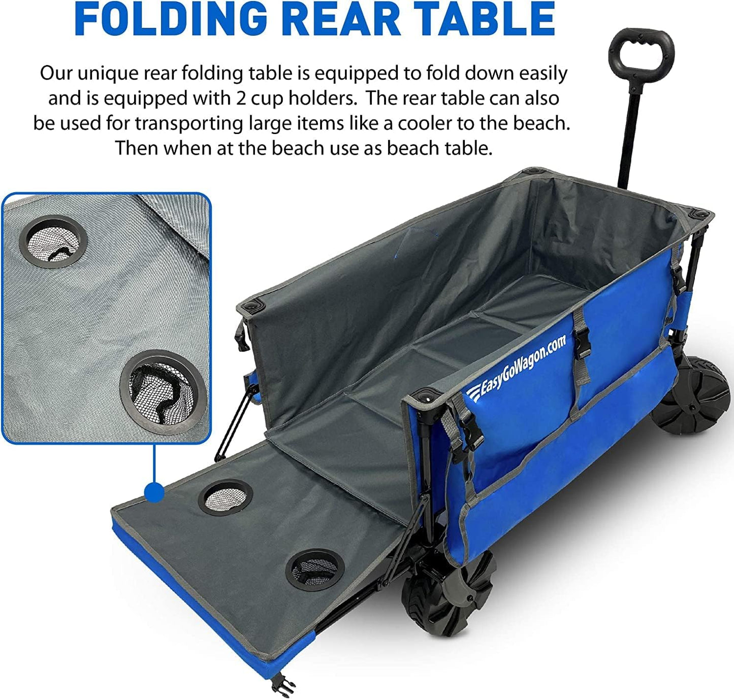 Deluxe Folding Beach Wagon Big Wheel Beach Cart w/ Folding Beach Table and Side Umbrella Holders