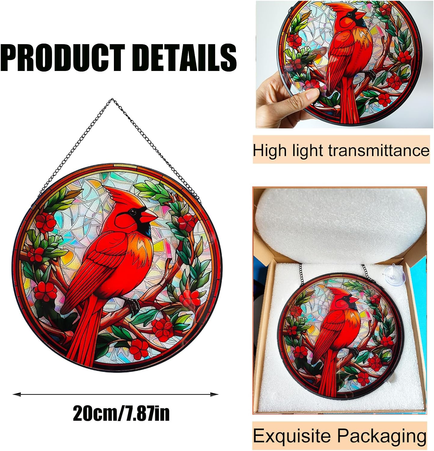 7.87" Cardinal on Branch Stained Glass Window Hanging,Red Bird Memorial Suncatcher,Bird Ornaments，Cardinal Gifts for Women Mom Grandma