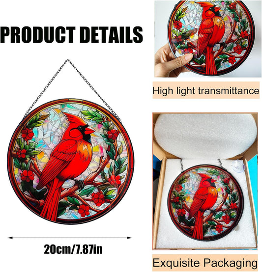 7.87" Cardinal on Branch Stained Glass Window Hanging,Red Bird Memorial Suncatcher,Bird Ornaments，Cardinal Gifts for Women Mom Grandma