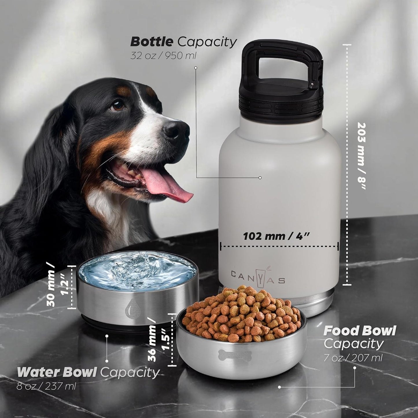 Insulated 32oz Stainless Steel Dog Water Bottle with Food & Water Bowl