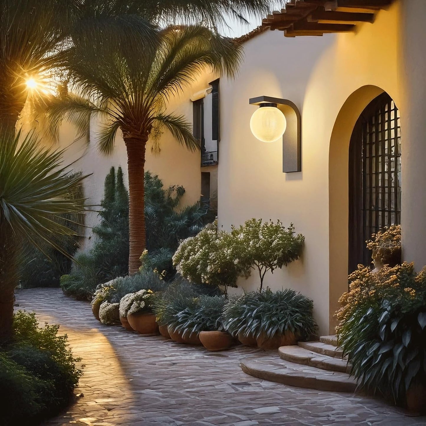 Solar Outdoor Wall Sconce, Black Stainless Steel Lamp with PC Globe Shade, Waterproof Exterior Mounted Lighting for Garden Villa Patio Porch Entryway Terrace Courtyard Gate Cottage