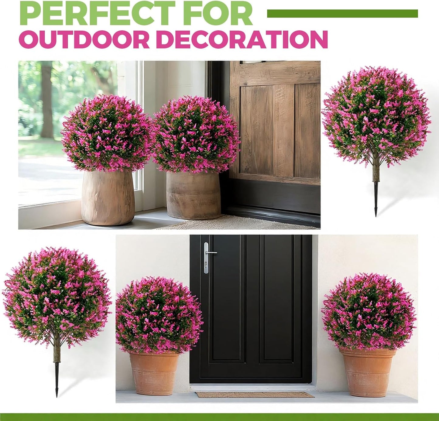2 Pack 24" Artificial Topiary Ball Plants Trees with Flowers, Outdoor Fake Topiary Plants with Ground Spike, UV Resistant Faux Bushes for Indoor Outdoor Front Door Decor(Rose Pink,Lavender)