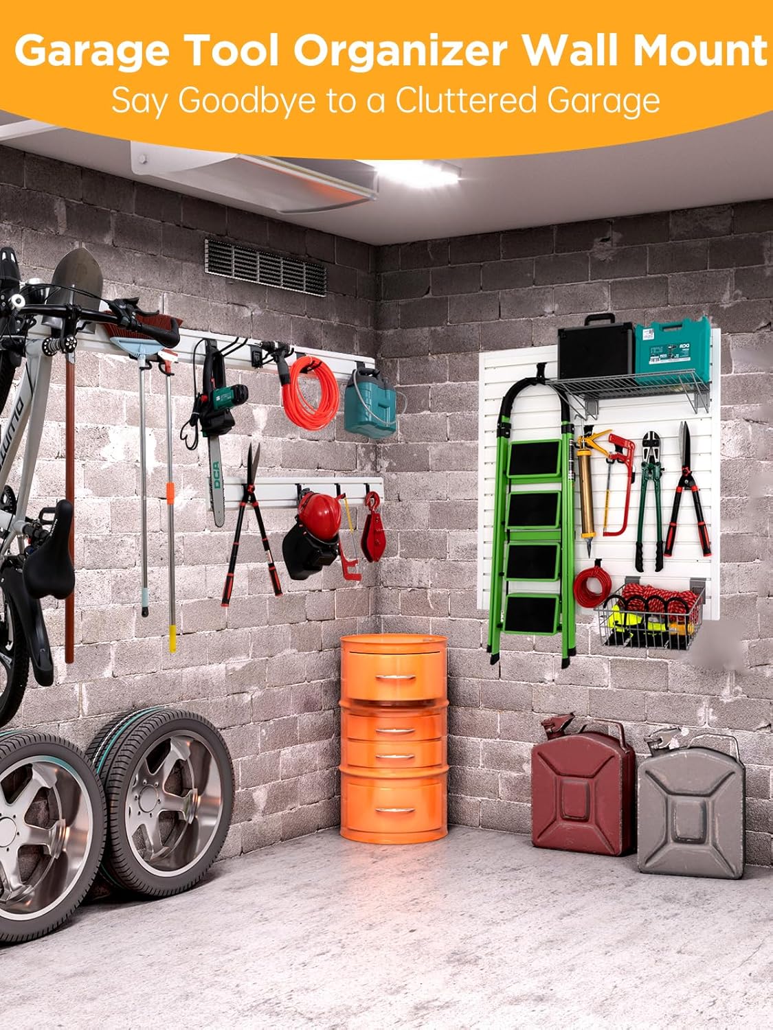 Slat Wall Paneling Garage Tool Organizer Wall Mount Yard Tool Organizer for Garage, Bike Storage Rack Garage Organizers and Storage
