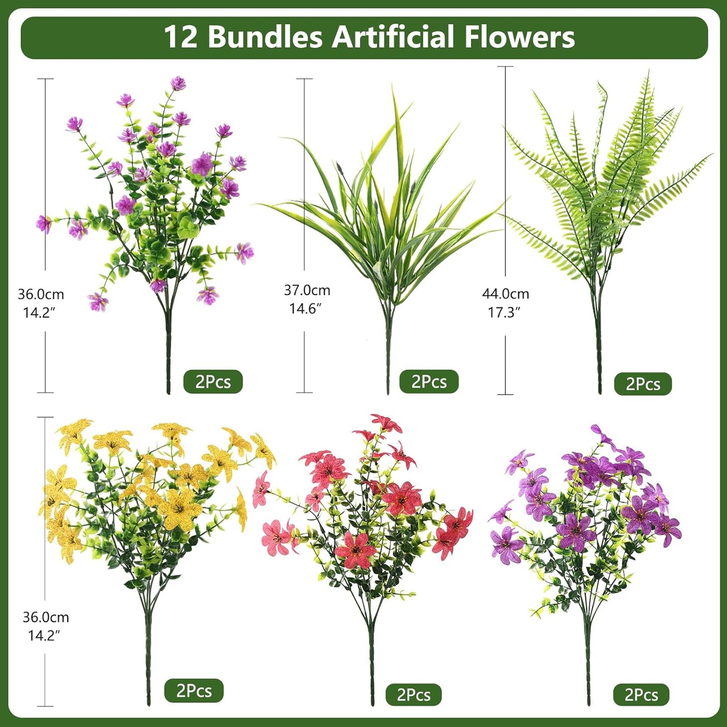 Artificial Flowers with Fake Fern Plants for Outdoors, 12 Bundles Realistic Faux Flower Silk Daisy with Eucalyptus Stem UV Resistant for Outside Patio Planter Porch Yard Window Spring Decoration