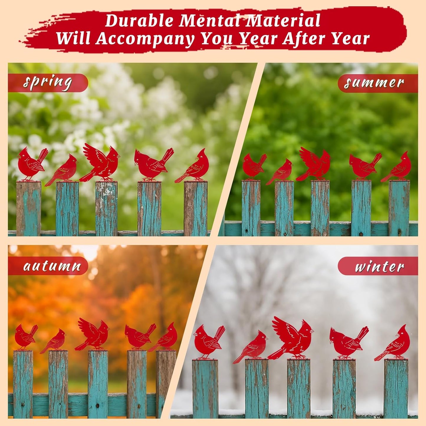 Leinuosen 5 Pcs Red Cardinal Birds Silhouettes Decoration, Garden Spring Decor Outdoor, Metal Bird Craft Statue Set, Yard Art Ornaments for Garden Patio, Cardinal Silhouette, Housewarming Gift