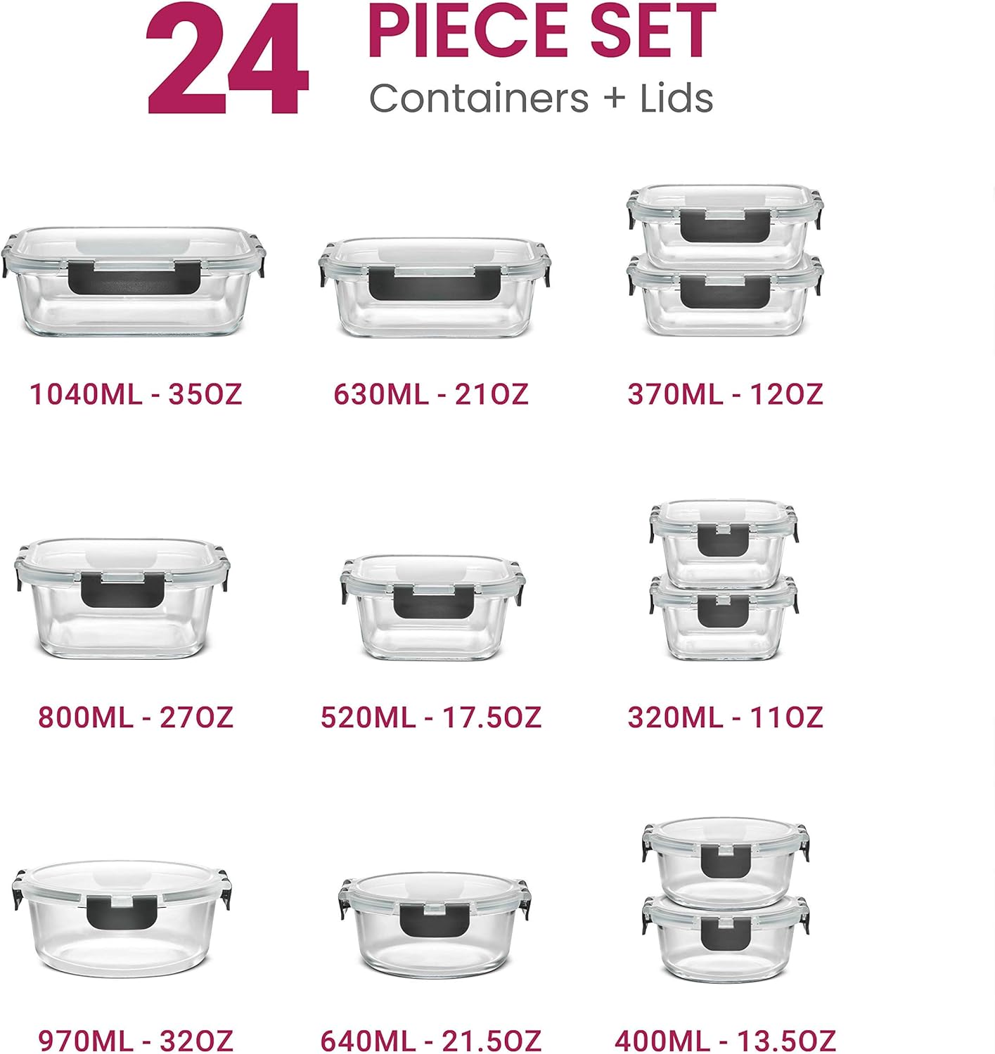 FineDine 24 Piece Premium Borosilicate Glass Meal Prep Containers Glas