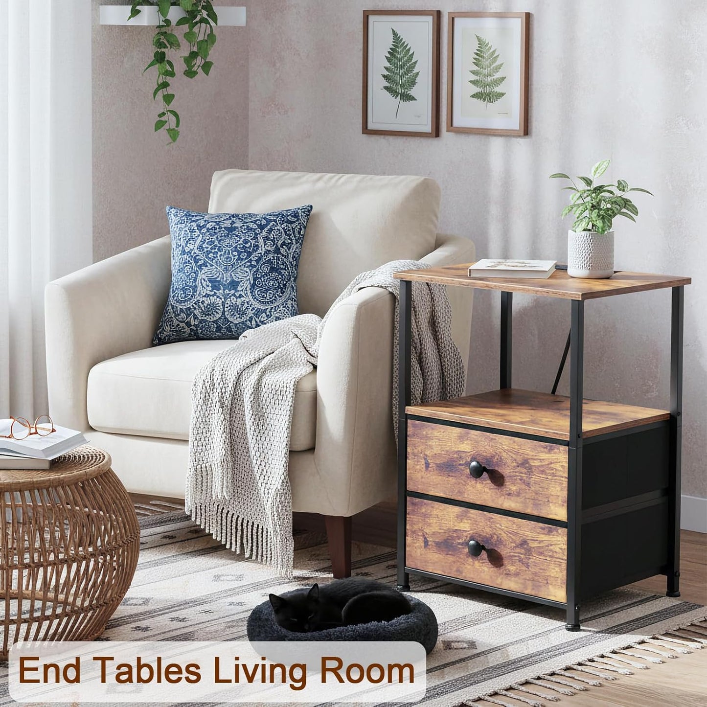 Night Stand Set 2, Nightstand with Charging Station, End Tables with Storage Shelf for Small Spaces, Bedside Table Side Tables with 2 Fabric Drawers for Bedroom, Rustic Brown, HETS020PBR