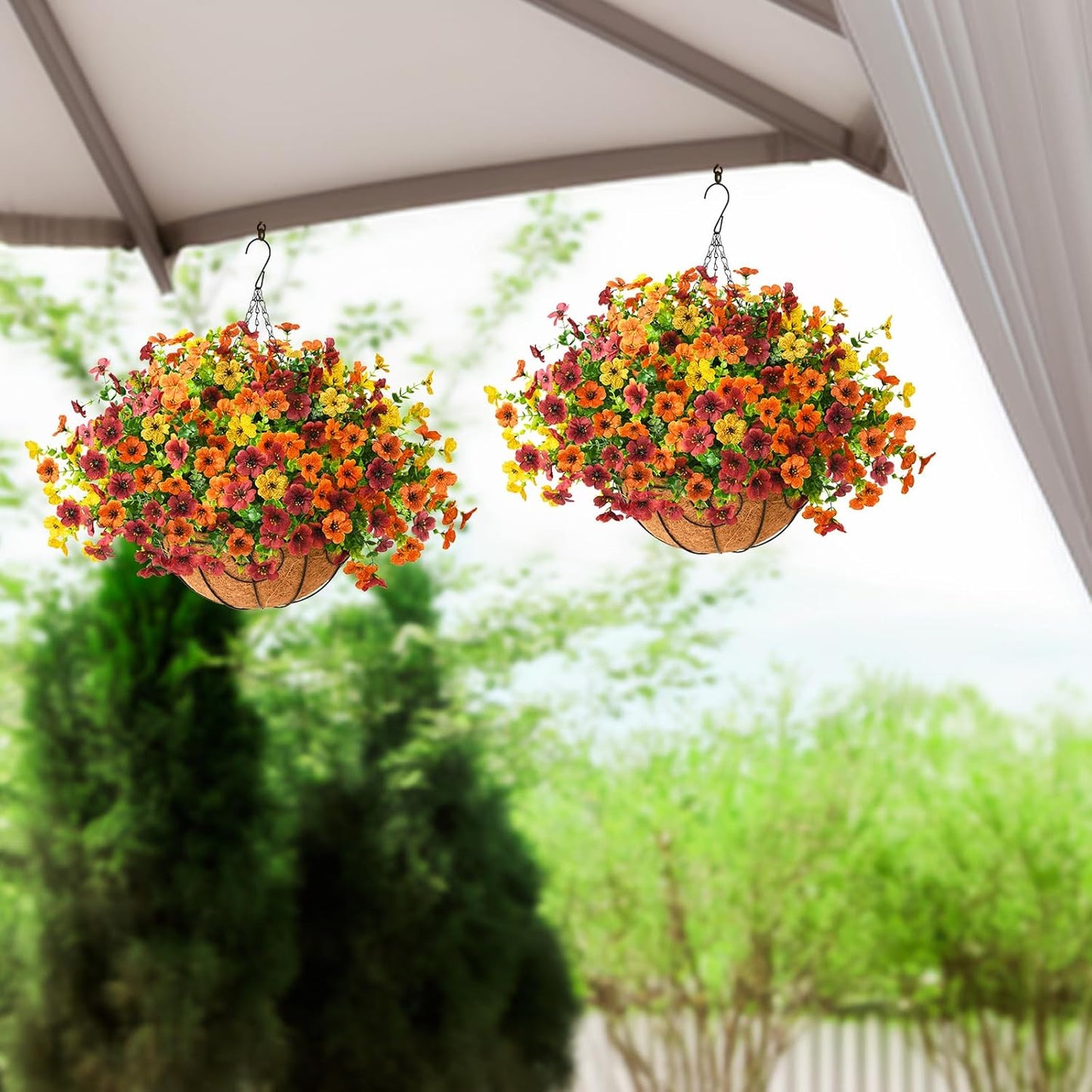 Artificial Fake Hanging Plants Flowers Basket, Faux Silk Daisy in Planter Realistic UV Resistant for Outside Home Patio Balcony Yard Mums Autumn Outdoor Decoration (Orange Brown Yellow)