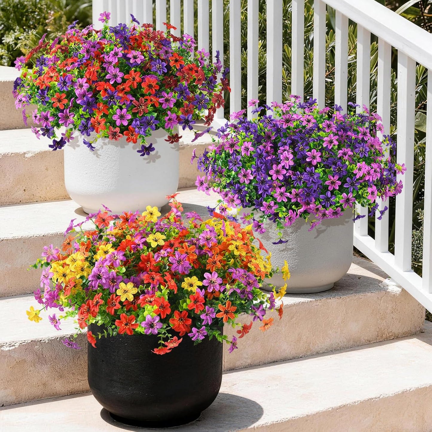 Homsunny Artificial Flowers for Outdoors 12 Bundles Fake Plants Spring Home Decoration, Realistic Faux Flower Silk Daisy with Eucalyptus Stem UV Resistant Patio Planter Porch Yard Window (4 Colors)