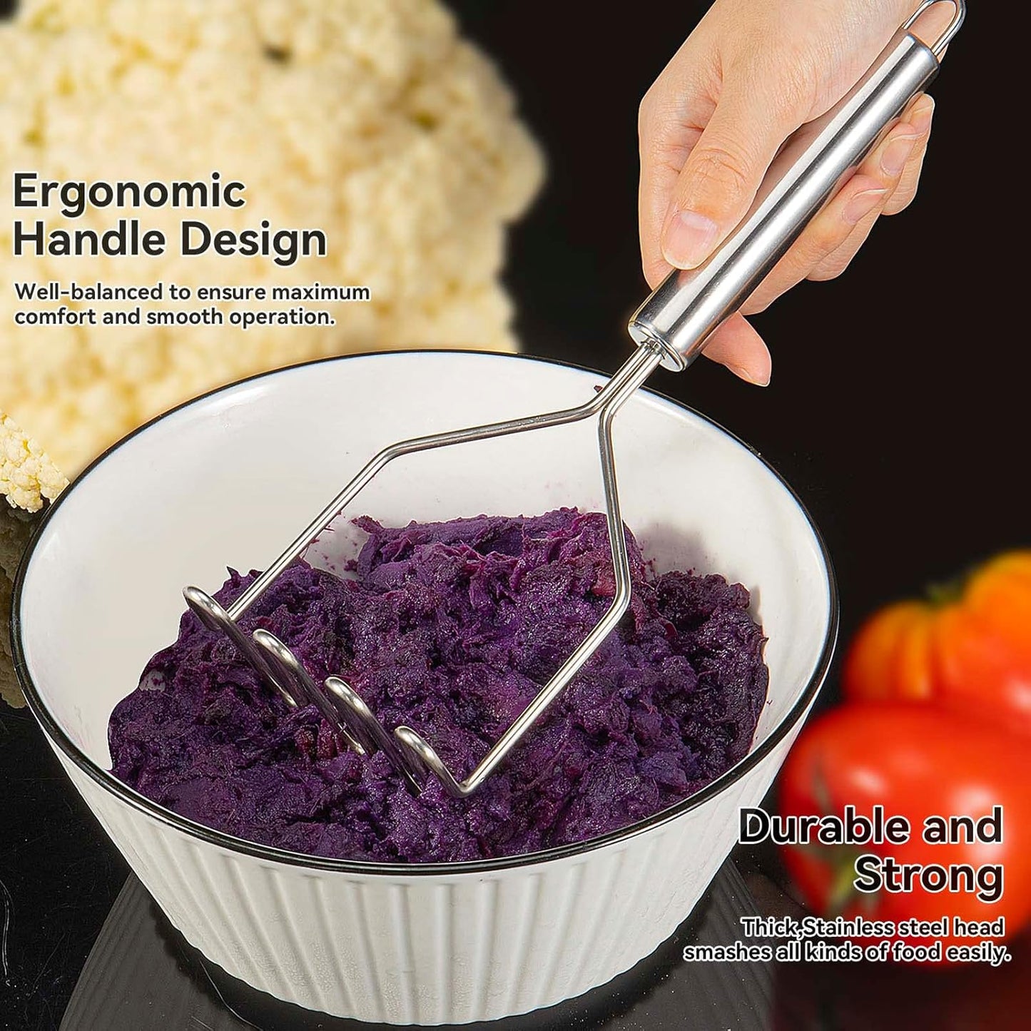 2 Pcs Potato Smasher, Mashed Potato Masher, Stainless Steel Masher Kitchen Tool for Avocado, Bean, Fruit, Vegetables, Food