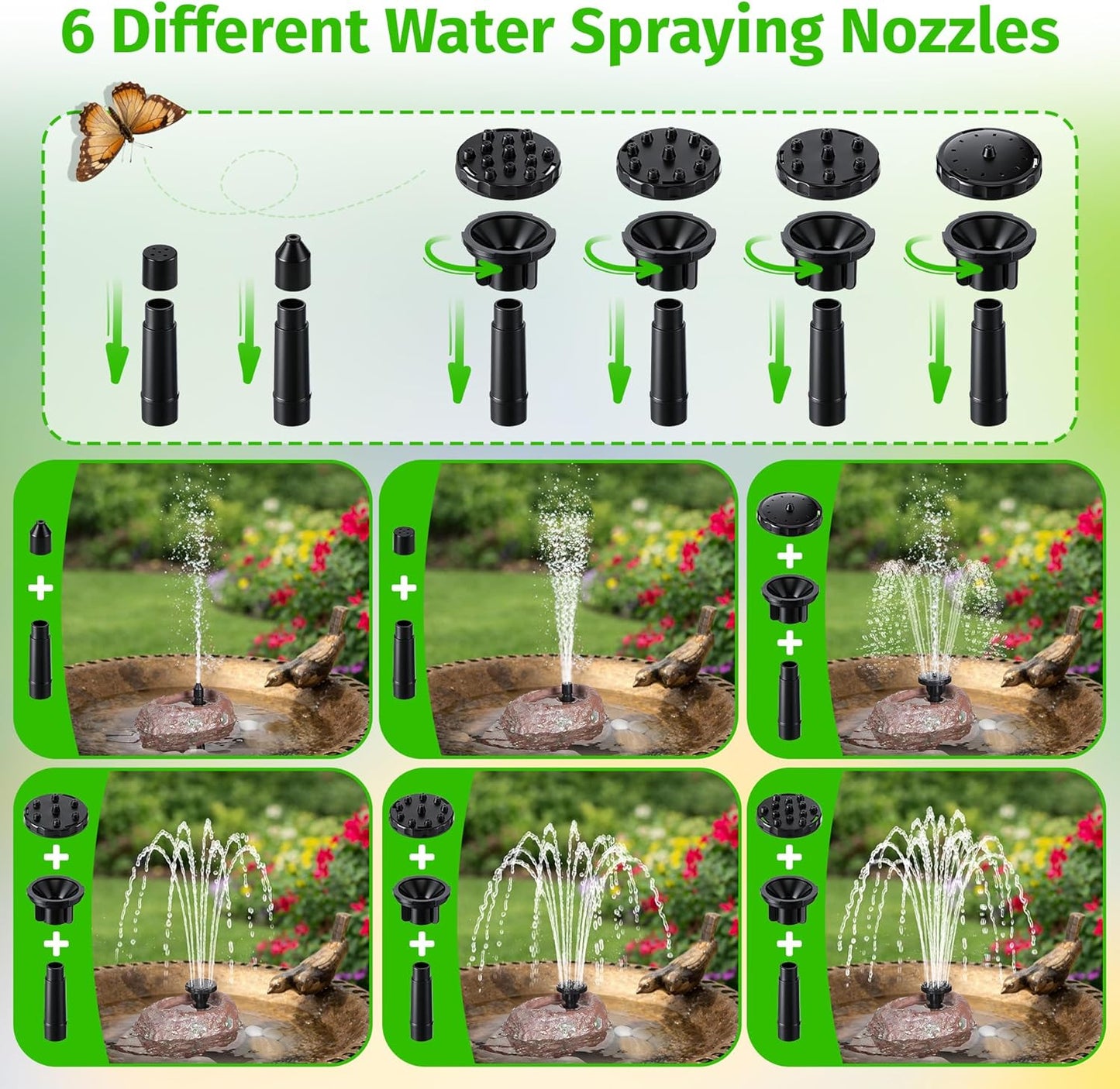Saillong Solar Fountain for Bird Bath with Granite Rock, Solar Water Pump with 6 Nozzles, Bird Bath Water Fountains with Dry Run Protection, Fountain Pump for BirdBath, Garden, Pond