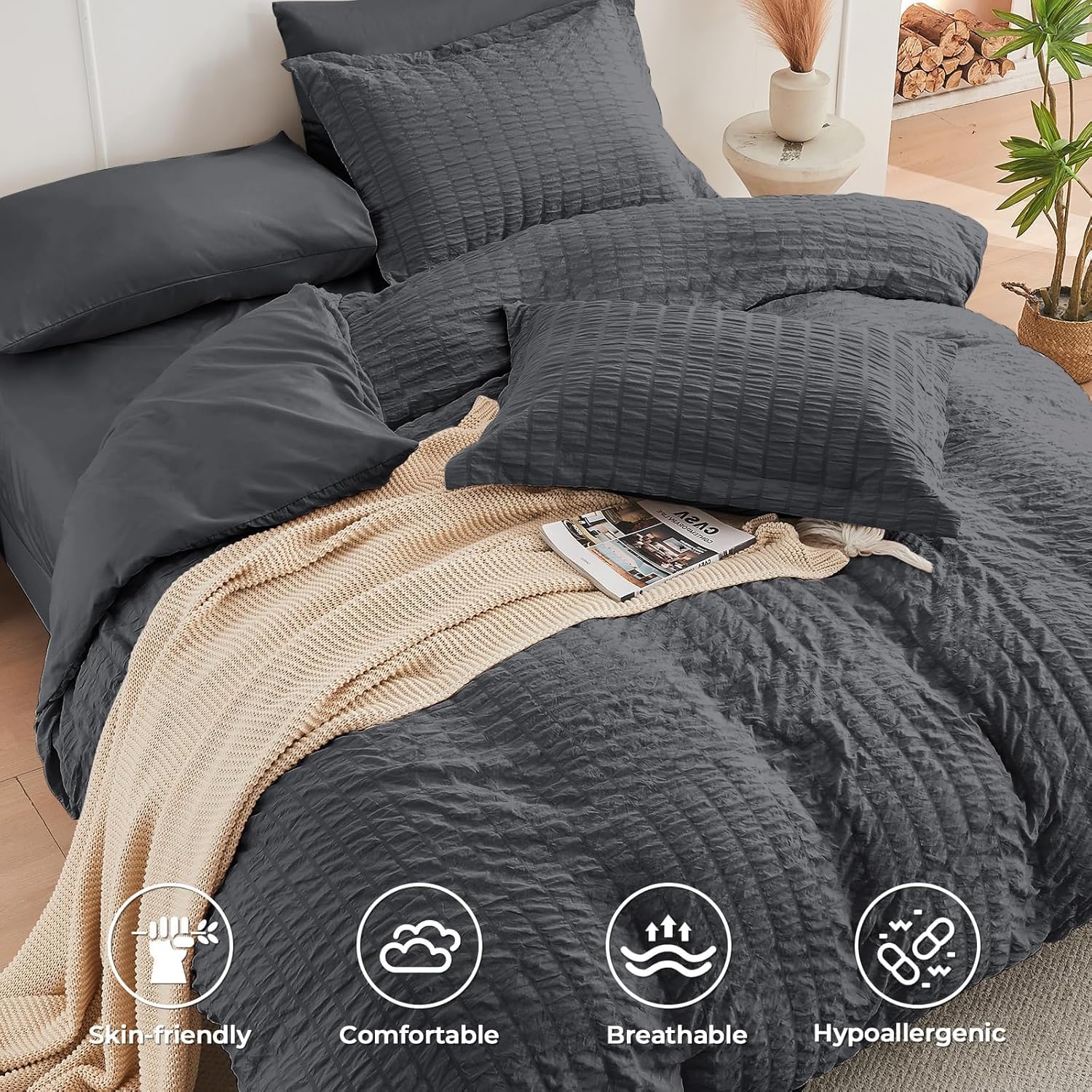 HYMOKEGE Queen Comforter Set Seersucker 7 Pieces, All Season Luxury Be