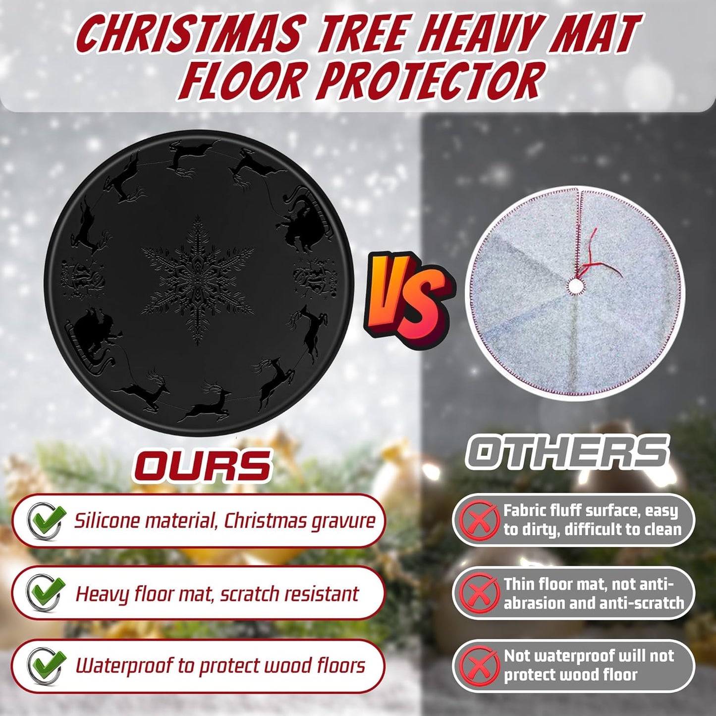 LURKA 31 Inch Christmas Tree Stands Mat with Embossed Christmas Design, Heavy Duty Christmas Tree Floor Protector, Waterproof Under Tree Pad for Christmas Tree Stand, Christmas Tree Floor Mat （Black）