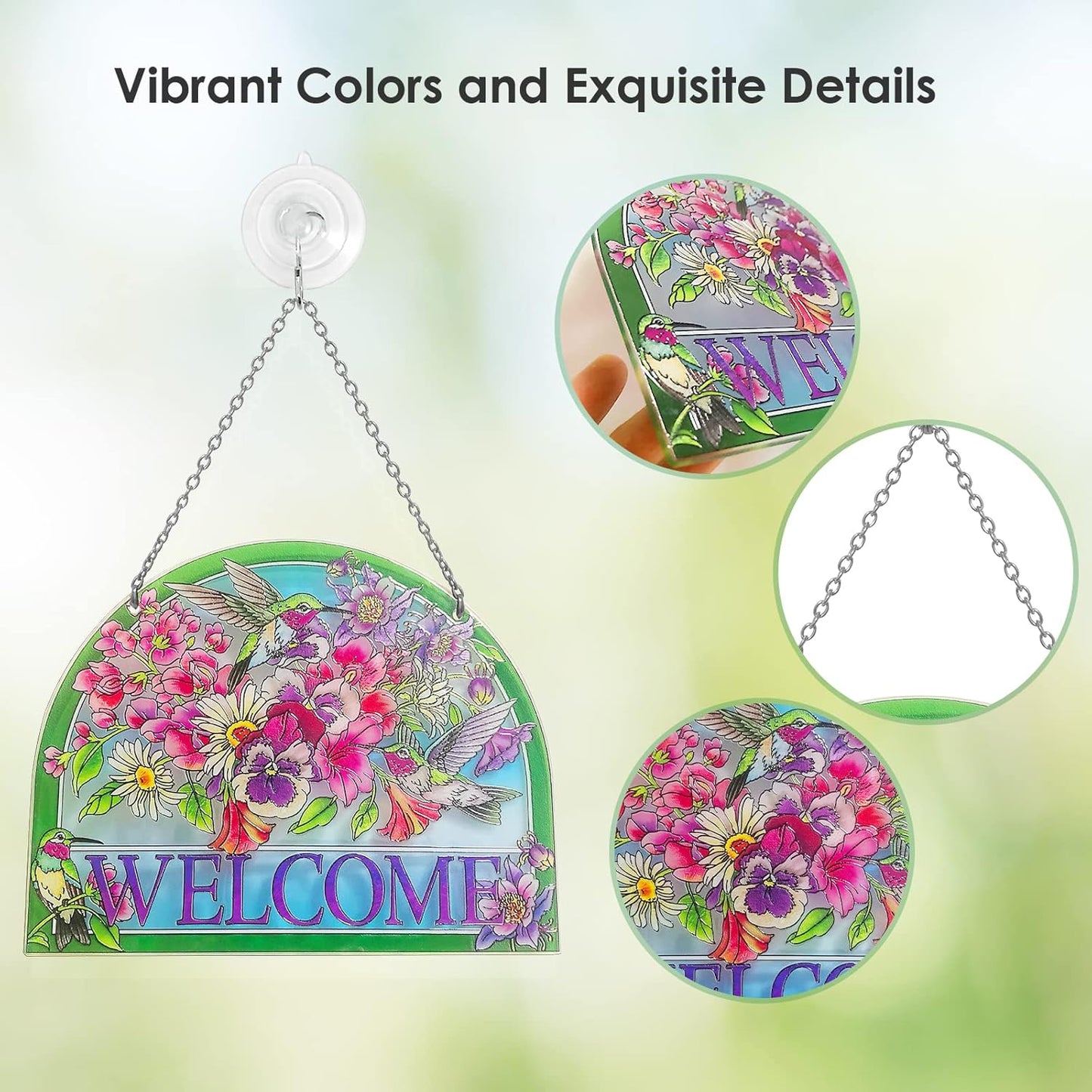 Hummingbird Stained Glass Suncatchers - Welcome Hummingbird Suncatcher, Vibrant Flowers Window Hanging, 7.8''*6.5'', Stained Glass Birds with Suction Cup, Mom Gift