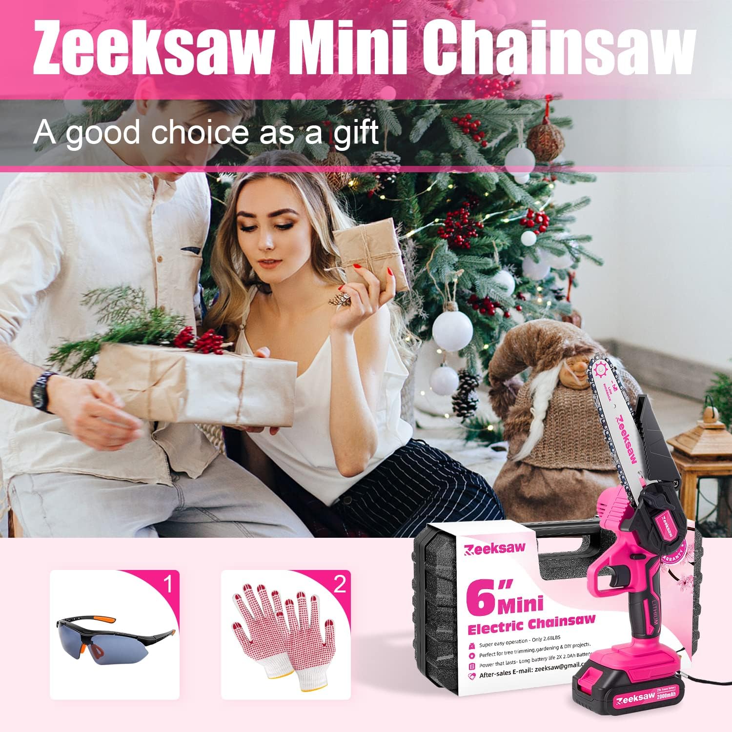 Pink Mini Chainsaw Cordless 6 inch - Electric Hand Held Chain Saw Batt